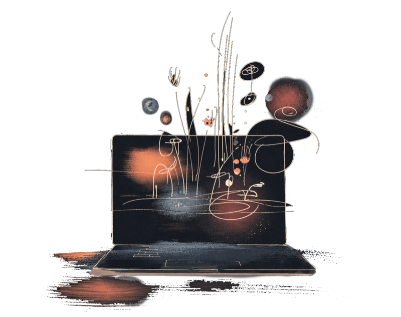 Abstract illustration of a laptop at night with luminous ink strokes, spark-like embers, and organic flora rising from the screen, representing imagination emerging from structure